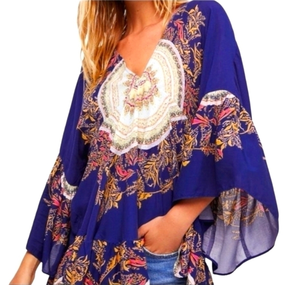 FREE People Sunset Dreams Blue Boho Tunic Bell Sleeve Flowy V-neck top Size XS - Picture 1 of 15